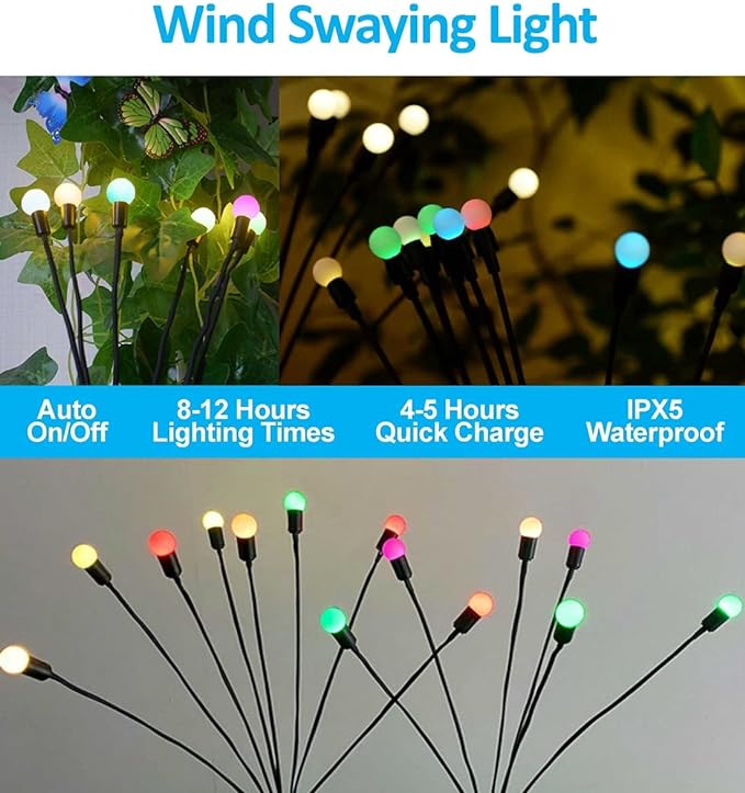 Solar Lights Waterproof IPX5, Solar Garden Lights Outdoor, Firefly Lights, Wind Swaying Dancing Lights, for Yard Path Lighting Decor (Multi-Colored, 2 Count)