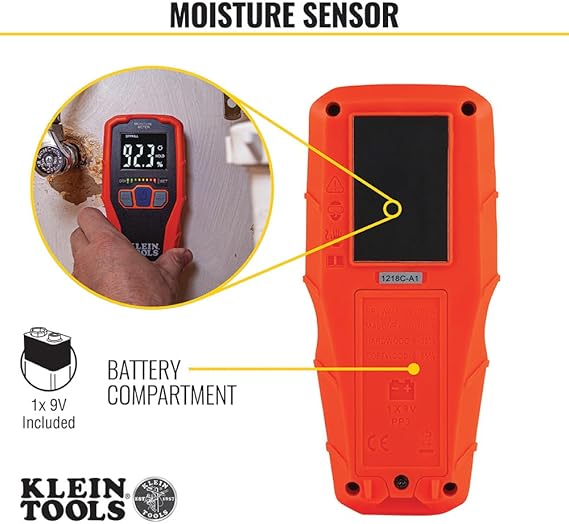 Klein Tools ET140 Pinless Moisture Meter for Non-Destructive Moisture Detection in Drywall, Wood, and Masonry; Detects up to 3/4-Inch Below Surface, Multi
