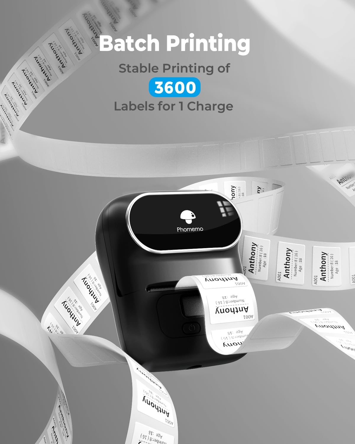 Phomemo M110 Label Printer, Upgraded Bluetooth Label Maker Machine with Tape. No Ink Portable Thermal Barcode Printer for Small Business, Office, Address, Home,for Phone & PC, Ebony Black,+100 Labels