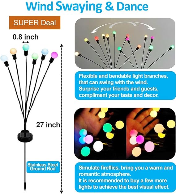 Solar Lights Waterproof IPX5, Solar Garden Lights Outdoor, Firefly Lights, Wind Swaying Dancing Lights, for Yard Path Lighting Decor (Multi-Colored, 2 Count)