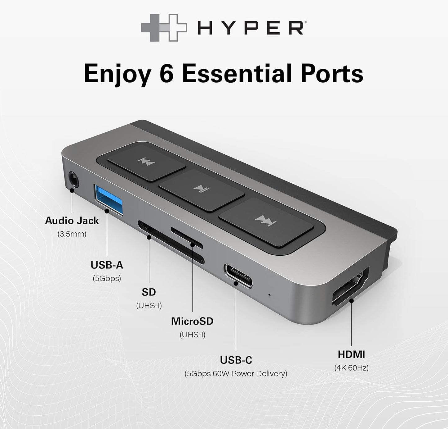 HyperDrive 6-in-1 USB-C Hub with Media Shortcut Buttons for iPad