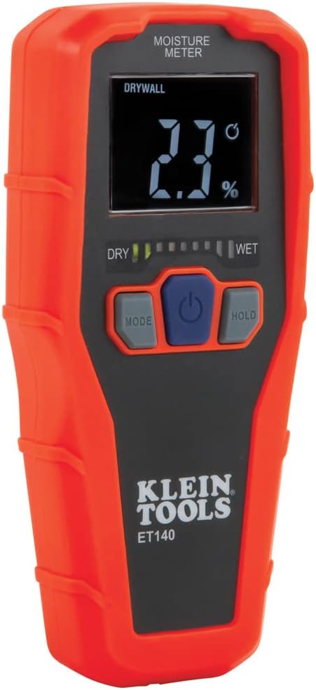 Klein Tools ET140 Pinless Moisture Meter for Non-Destructive Moisture Detection in Drywall, Wood, and Masonry; Detects up to 3/4-Inch Below Surface, Multi