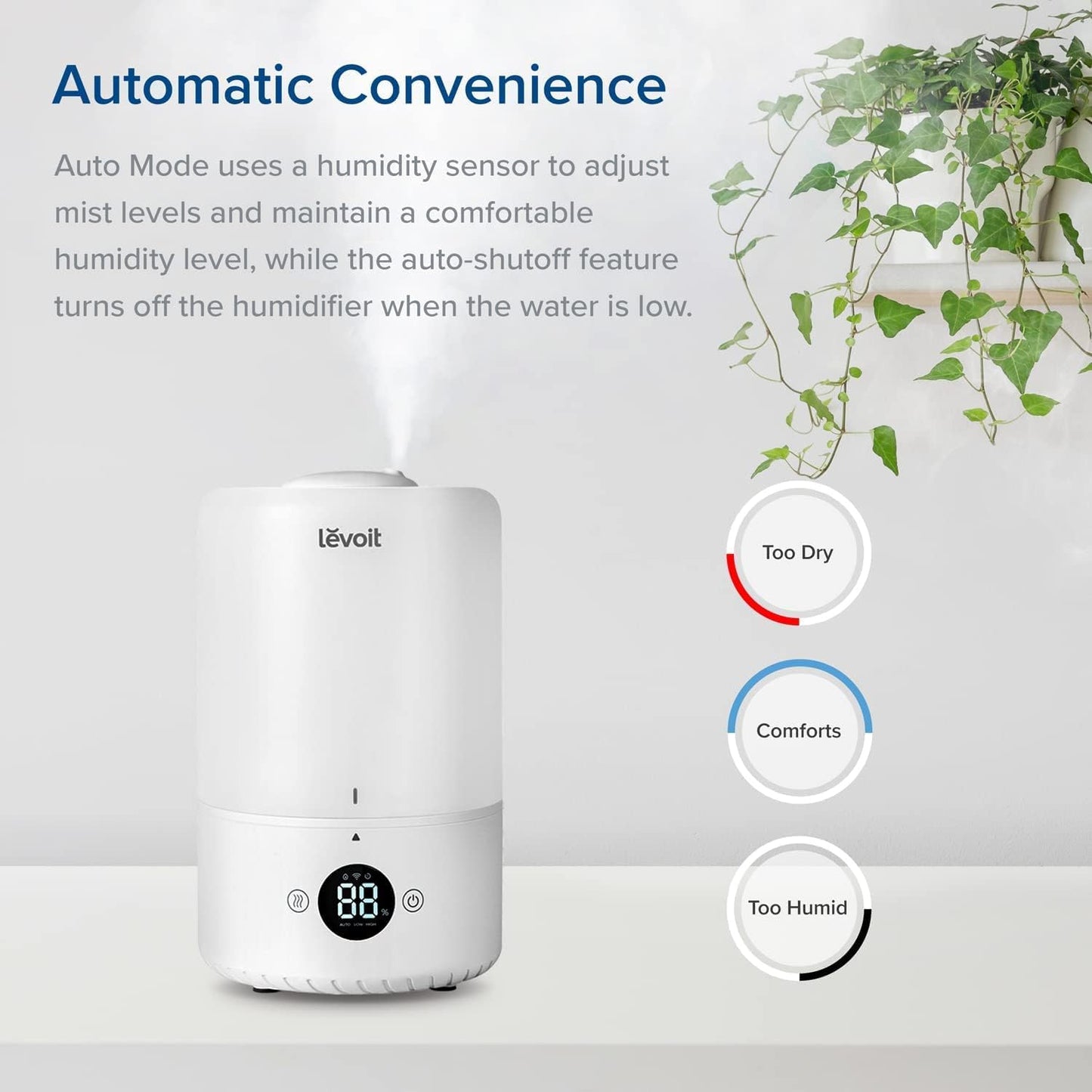 LEVOIT Humidifiers for Bedroom, Smart WiFi Alexa Control, Top Fill Cool Mist for Baby Nursery and Plants with Essential Oil Diffuser, Humidity Display, Easy Clean, Whisper Quiet Operation, 3L, White