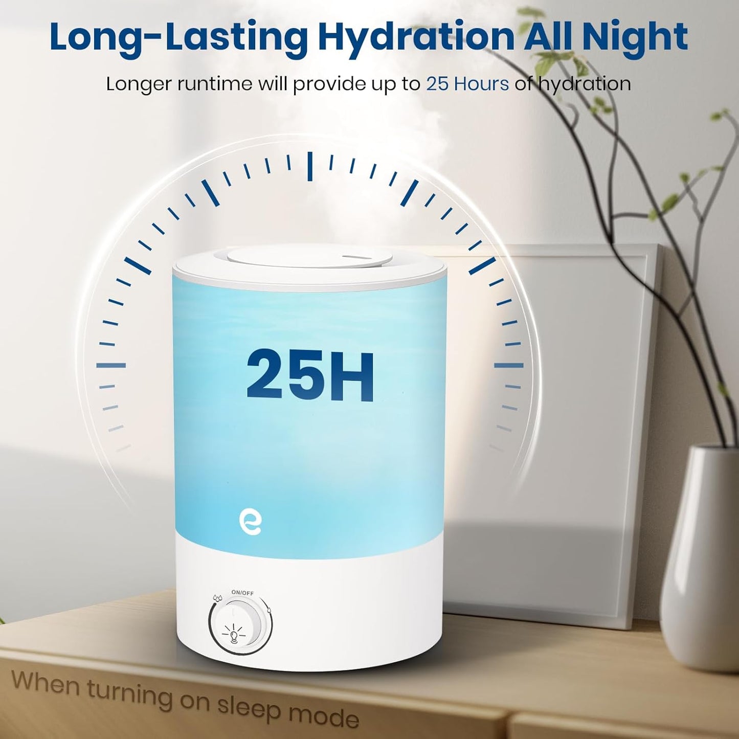 Humidifiers for Bedroom, Esemoil 2.5L Cool Mist Ultrasonic Air Humidifier with Top Fill & Quiet, 360° Nozzle, BPA Free, 25 Hour Diffuser with 8 Color Light & Auto Shut-off for Home Baby Nursery Plants