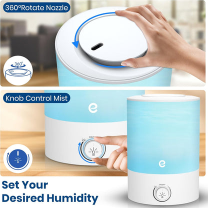 Humidifiers for Bedroom, Esemoil 2.5L Cool Mist Ultrasonic Air Humidifier with Top Fill & Quiet, 360° Nozzle, BPA Free, 25 Hour Diffuser with 8 Color Light & Auto Shut-off for Home Baby Nursery Plants