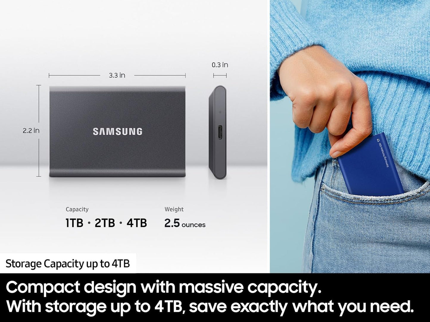 SAMSUNG T7 1TB, Portable SSD, Grey, up to 1050MB/s, USB 3.2 Gen2, Gaming, Students & Professionals, External Solid State Drive (MU-PC1T0T/AM), Grey [Canada Version]