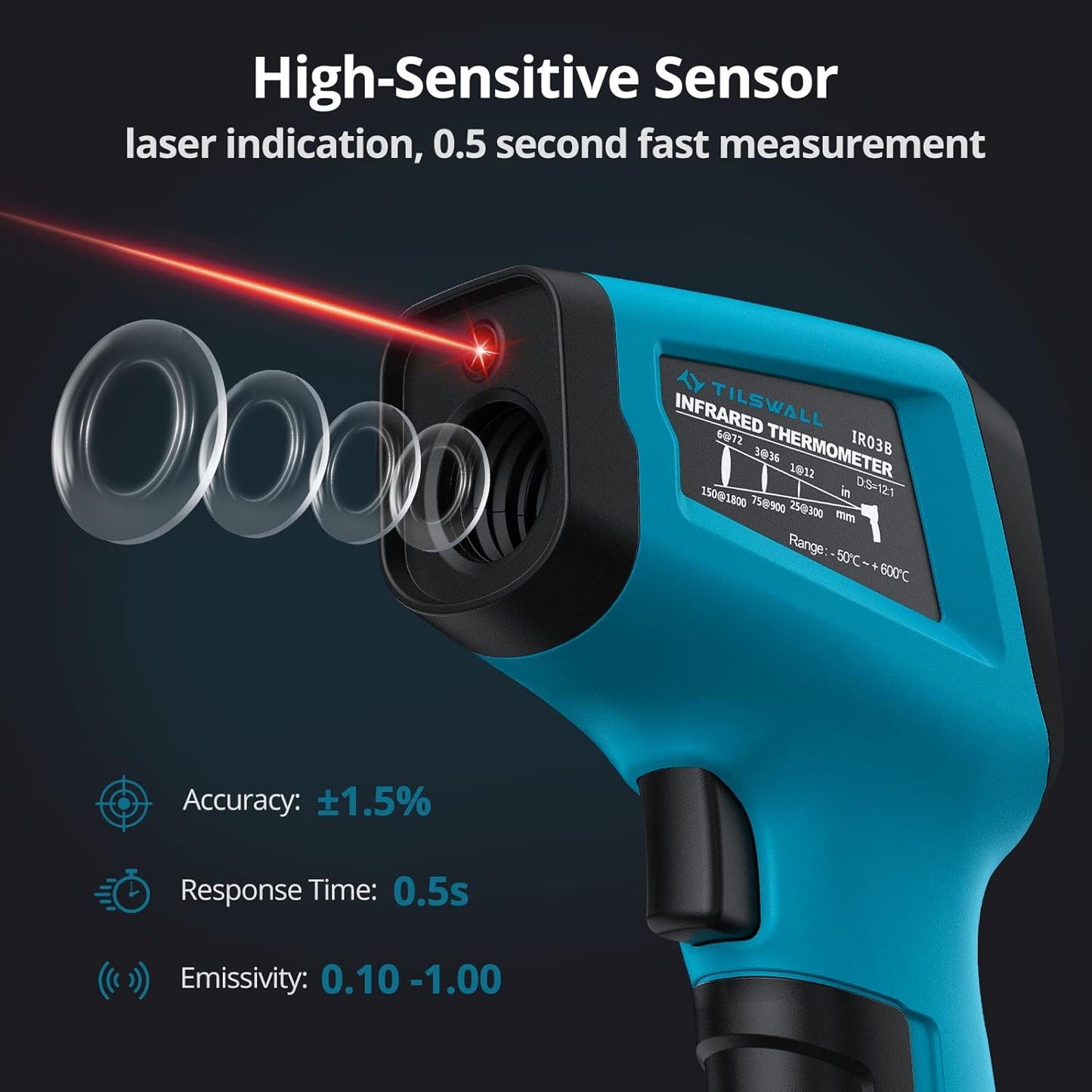 Tilswall Infrared Thermometer(Not for Human), Non-Contact Temperature Gun -58℉~1112℉(-50℃~600℃) with Color LCD Display, High/Low Temp Alarm, Digital Laser Thermometer Gun for Cooking/Freezer/Industry