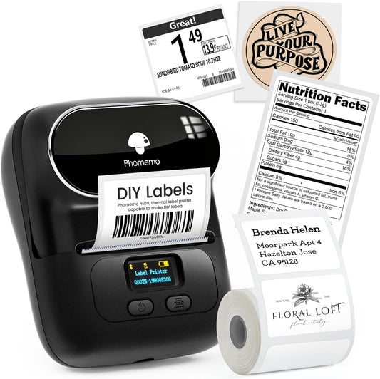 Phomemo M110 Label Printer, Upgraded Bluetooth Label Maker Machine with Tape. No Ink Portable Thermal Barcode Printer for Small Business, Office, Address, Home,for Phone & PC, Ebony Black,+100 Labels