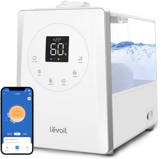 LEVOIT Humidifiers For Bedroom Large Room Home, 6L Top Fill Warm and Cool Mist for Whole House, Smart Wifi Alexa Control, Customized Humidity, Essential Oil, Sleep Mode, Timer, White,1.58 gallons