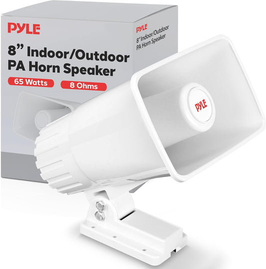 Pyle Indoor/Outdoor PA Horn Speaker - 8” Portable PA Speaker with 8 Ohms Impedance & 65 Watts Peak Power - Mounting Bracket & Hardware Included PHSP5, White