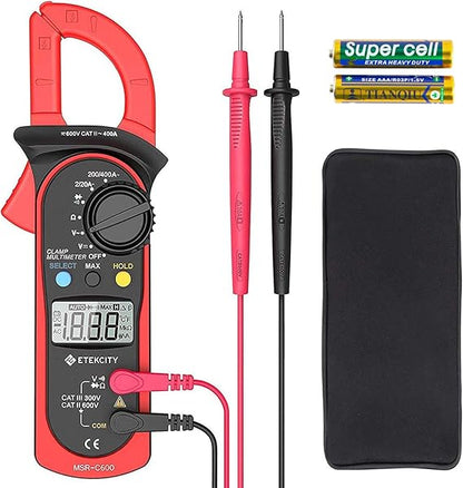 Etekcity Digital Clamp Meter Multimeter AC Current and AC/DC Voltage Tester with Amp, Volt, Ohm, Continuity, Diode and Resistance Test, Auto-Ranging, Red, MSR-C600