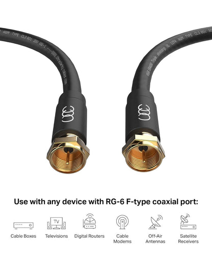 Coaxial Cable 30ft - Triple Shielded CL3 in-Wall Rated Gold Plated Connectors RG6 Digital Audio Video with Male F Connector Pin (Black) - 30 Feet