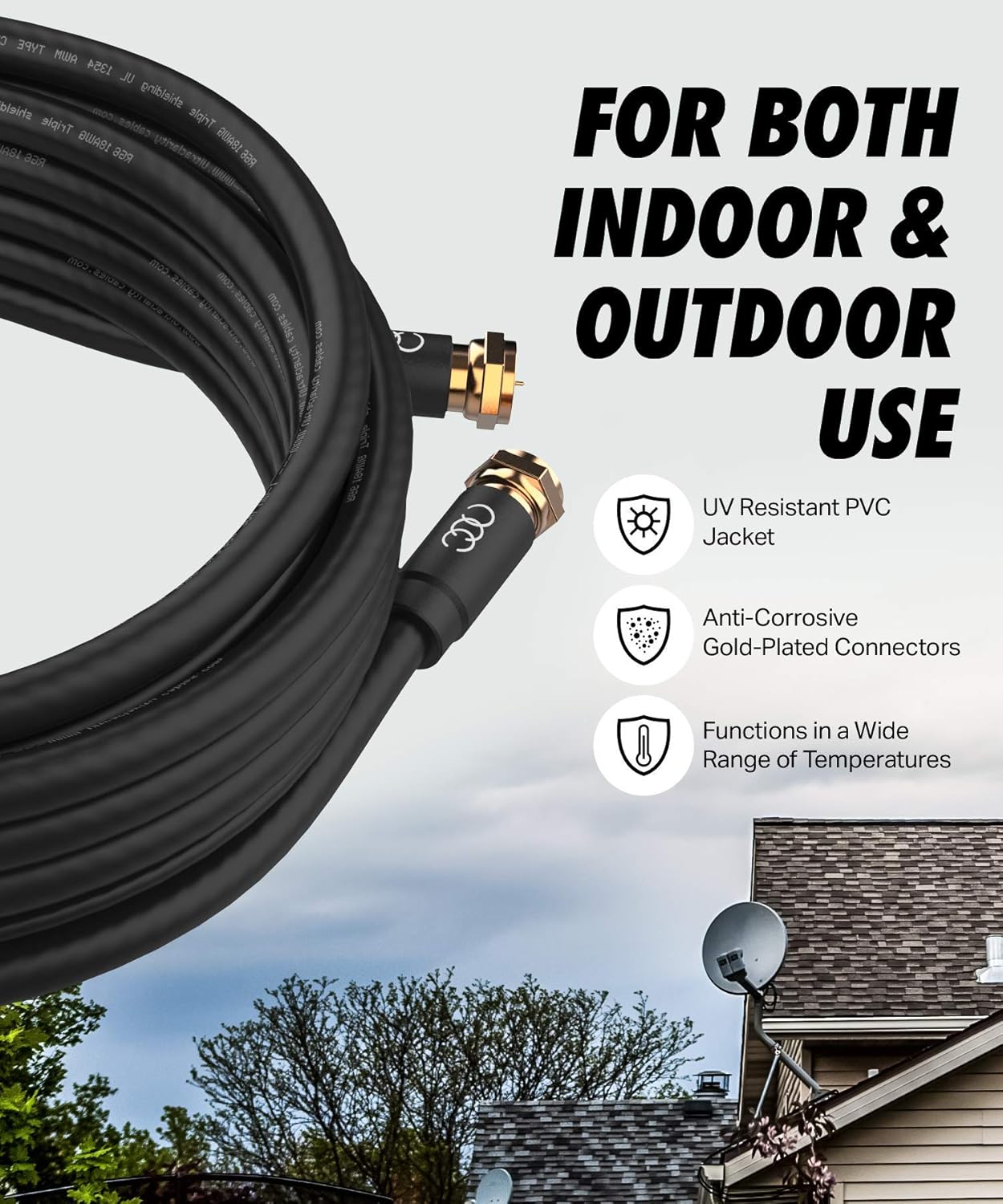 Coaxial Cable 30ft - Triple Shielded CL3 in-Wall Rated Gold Plated Connectors RG6 Digital Audio Video with Male F Connector Pin (Black) - 30 Feet