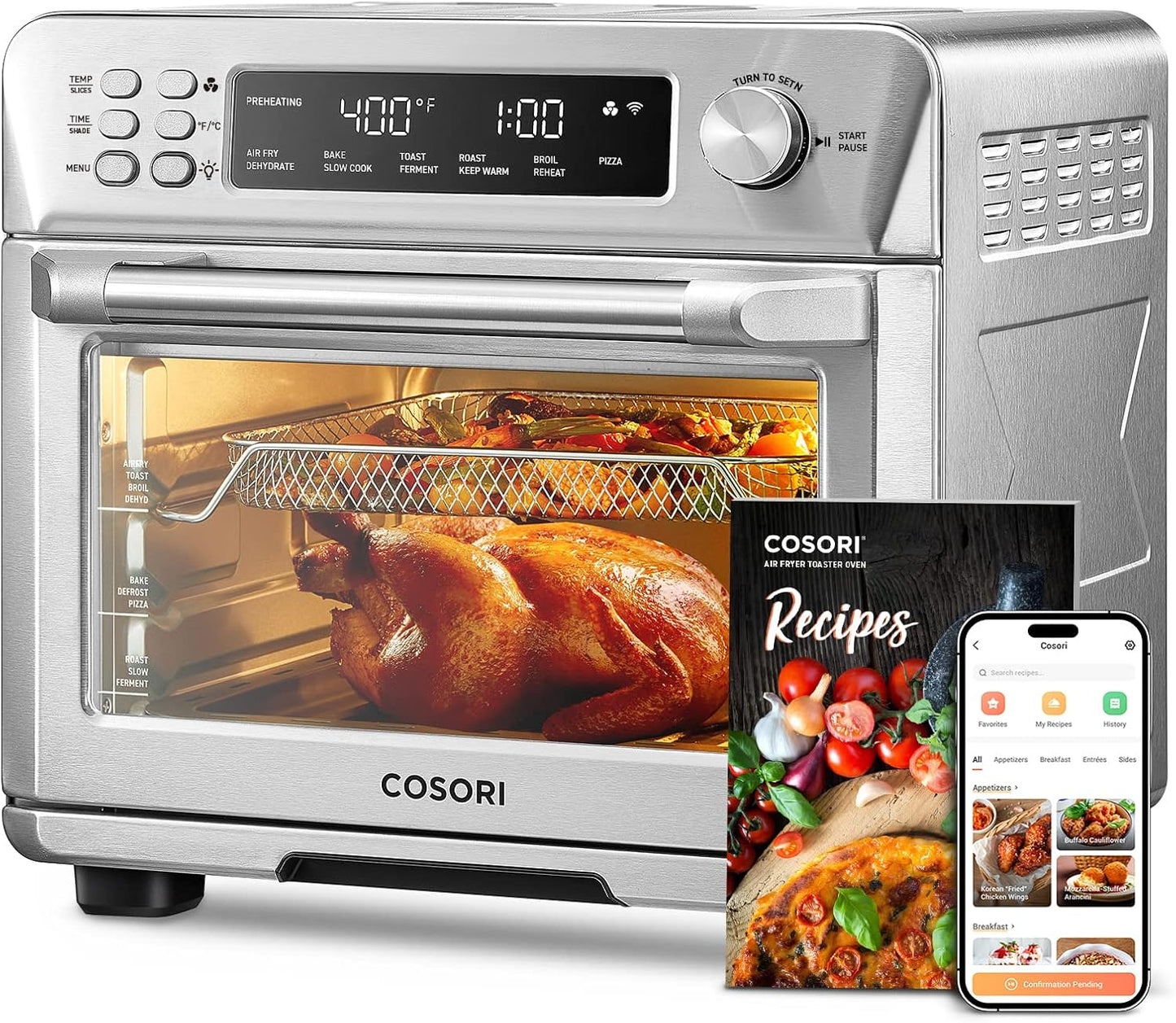 COSORI Toaster Oven Air Fryer Combo, 11-in-1, 26QT Convection Oven Countertop, Stainless Steel with Toast Bake and Broil, Smart, 6 Slice Toast, 12'' Pizza, 75 Recipes&Accessories