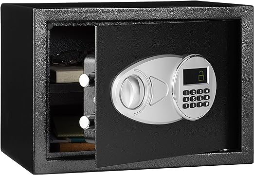 Amazon Basics Steel Security Safe and Lock Box with Electronic Keypad - Secure Cash, Jewelry, ID Documents, 0.5 Cubic Feet, Black, 13.8"W x 9.8"D x 9.8"H